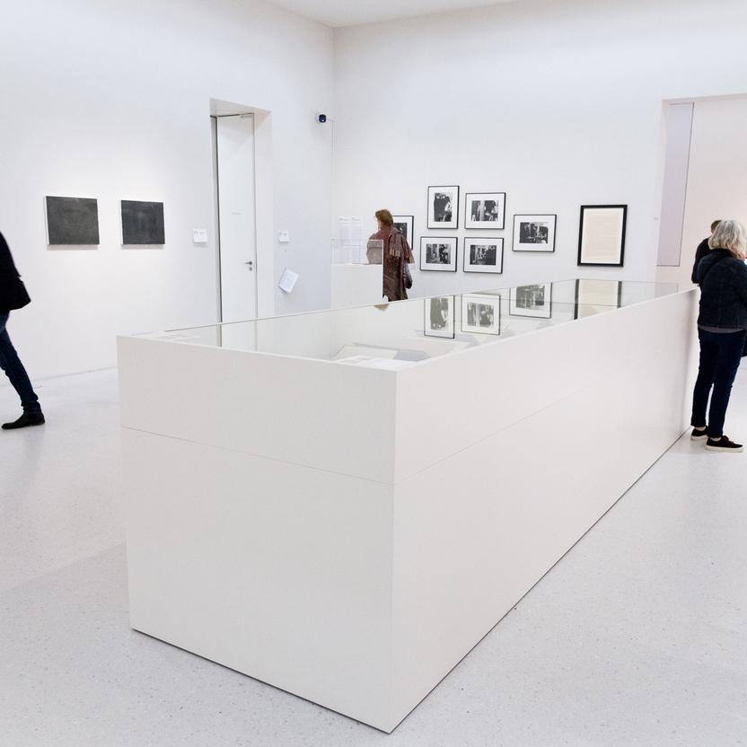 Besucher betrachten Kunst in einer modernen Galerie, umgeben von einem eleganten Vitrinenbau, der Fotografien und Texte präsentiert.