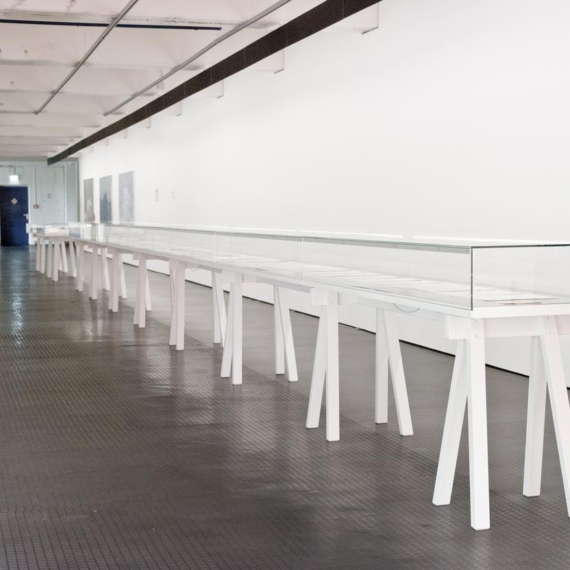 Eine lange Glasvitrine auf weißen Gestellen steht in einem minimalistischen, hellen Raum mit industriellem Boden. Die Vitrine präsentiert verschiedene Exponate.