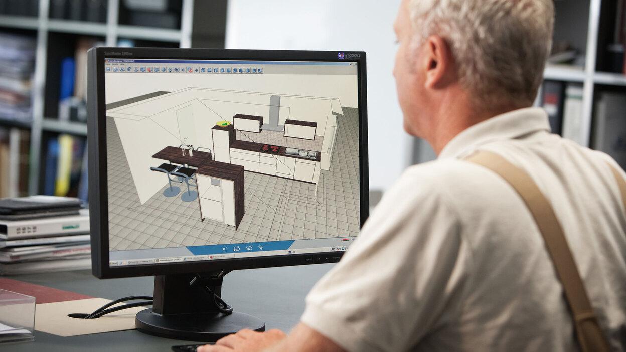 Planungsdarstellung am Computer durch Tischler Planungsdarstellung einer Küche in 3D am Computer durch Tischler